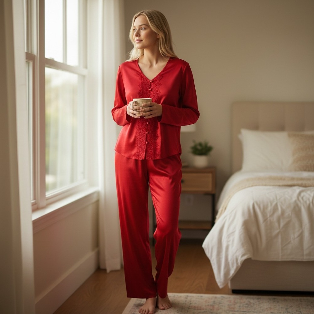 Victoria's Secret Pajama Set Womens Small Red Lace Trim Satin Sleepwear